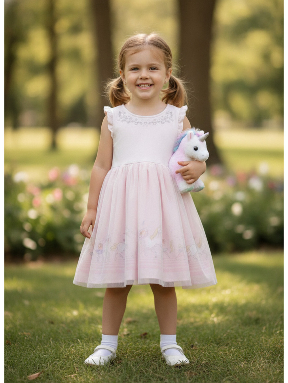 Cynthia Rowley Girls 5T Pink and Unicorn & Ballerina Dress Mesh Overlay Glitter